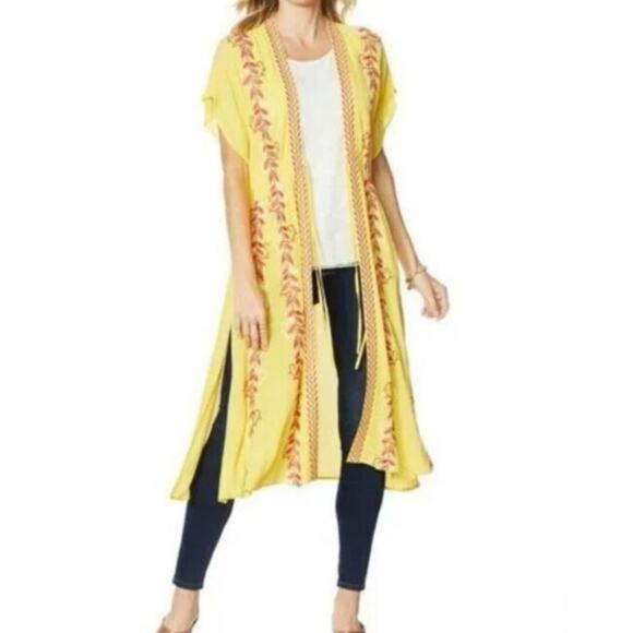 Curations Womens Kaftan Swim Coverup XL Yellow Pink Embroidered Resort Wear Boho - Picture 1 of 11